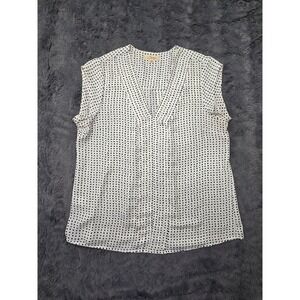 Serein Womens Polka Dot V-Neck Pleated Sleeveless Blouse White Black  L